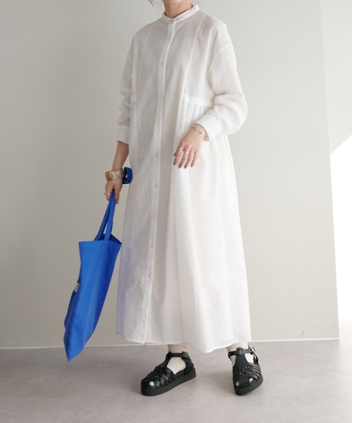 【WEB限定】ウエストタックストライプシャツワンピース