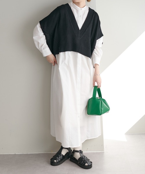 【WEB限定】ウエストタックストライプシャツワンピース