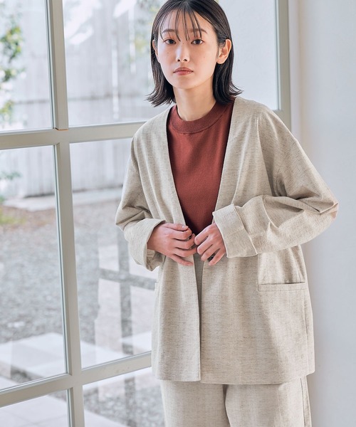 ドレステリア　リネン　コットン　ツイード　ノーカラー　ジャケット　半袖　ベルト ドレステリア リネン コットン ツイード ノーカラー ジャケット