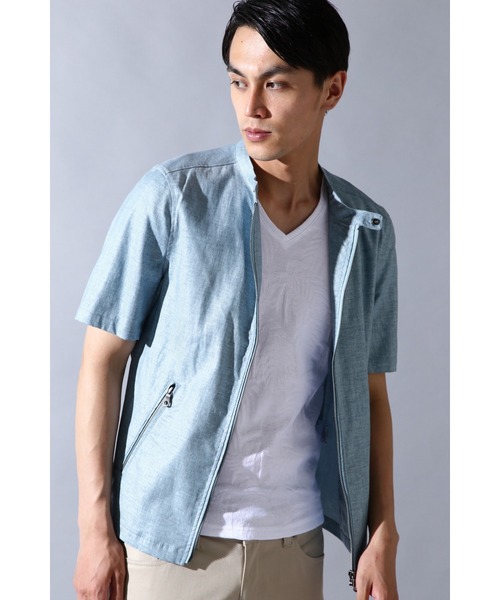 HIGH STREET(ハイストリート)の「HIGH STREET∴スタンドカラー半袖シャツアウター(シャツ/ブラウス・メンズ・ブルー/グレー/ブルー系2・S/M)」の3枚目の写真