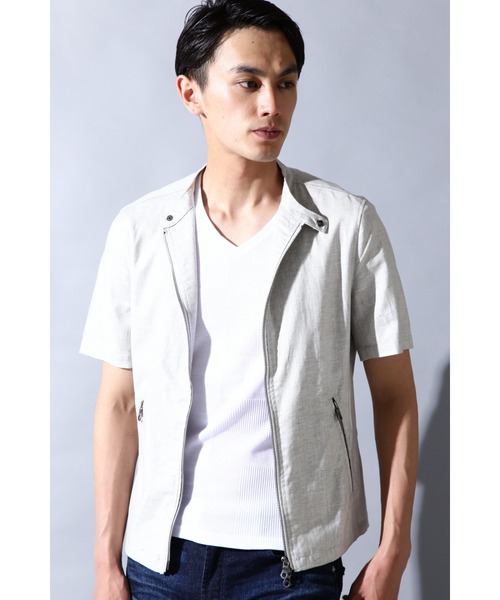 HIGH STREET(ハイストリート)の「HIGH STREET∴スタンドカラー半袖シャツアウター(シャツ/ブラウス・メンズ・ブルー/グレー/ブルー系2・S/M)」の2枚目の写真