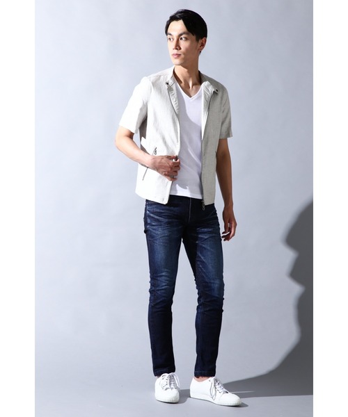 HIGH STREET(ハイストリート)の「HIGH STREET∴スタンドカラー半袖シャツアウター(シャツ/ブラウス・メンズ・ブルー/グレー/ブルー系2・S/M)」の4枚目の写真