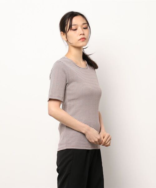 HONEYSUCKLE ROSE（ハニーサックルローズ）の「【HONEYSUCKLE ROSE】リブボーダーＴシャツ（Tシャツ/カットソー・レディース・グレー×ホワイト/カーキブラウン/ブラウン・M/L/S）」の4枚目の写真