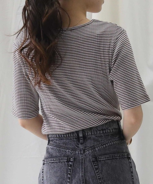 HONEYSUCKLE ROSE（ハニーサックルローズ）の「【HONEYSUCKLE ROSE】リブボーダーＴシャツ（Tシャツ/カットソー・レディース・グレー×ホワイト/カーキブラウン/ブラウン・M/L/S）」の6枚目の写真