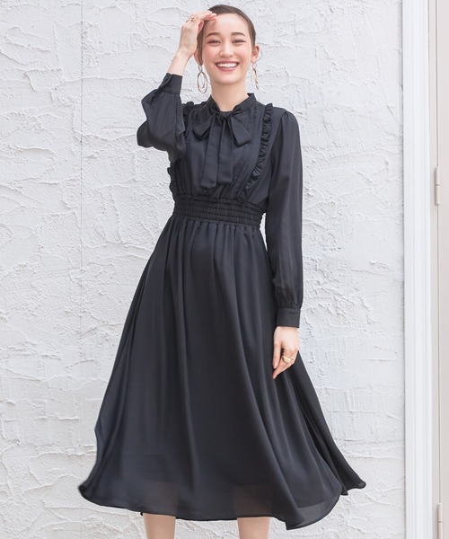 DRESS PLUS(ドレスプラス)の「パーティードレス ハイウエスト ゴム ボウタイワンピース フレア(ドレス・レディース・ブラック/ブルー/スモークピンク・S/M/L)」の5枚目の写真