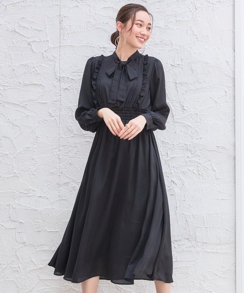 DRESS PLUS(ドレスプラス)の「パーティードレス ハイウエスト ゴム ボウタイワンピース フレア(ドレス・レディース・ブラック/ブルー/スモークピンク・S/M/L)」の7枚目の写真
