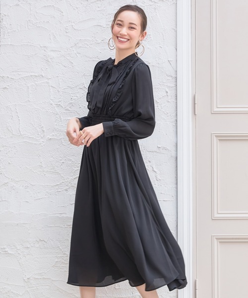 DRESS PLUS(ドレスプラス)の「パーティードレス ハイウエスト ゴム ボウタイワンピース フレア(ドレス・レディース・ブラック/ブルー/スモークピンク・S/M/L)」の9枚目の写真