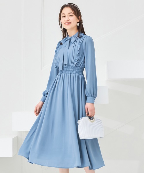 DRESS PLUS(ドレスプラス)の「パーティードレス ハイウエスト ゴム ボウタイワンピース フレア(ドレス・レディース・ブラック/ブルー/スモークピンク・S/M/L)」の13枚目の写真