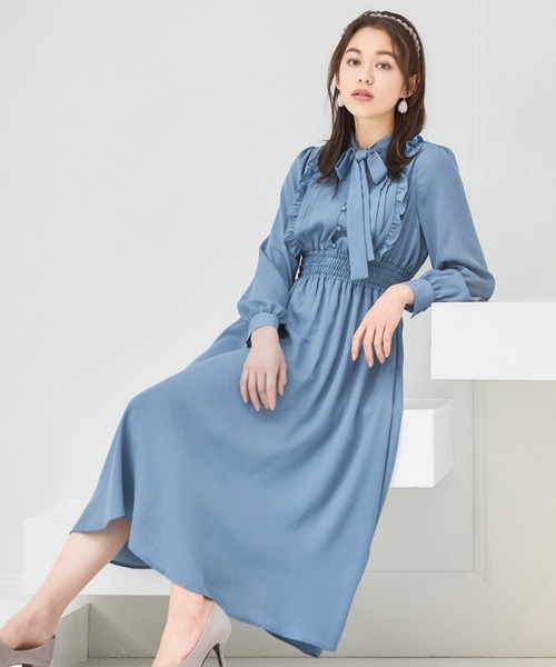 DRESS PLUS(ドレスプラス)の「パーティードレス ハイウエスト ゴム ボウタイワンピース フレア(ドレス・レディース・ブラック/ブルー/スモークピンク・S/M/L)」の16枚目の写真