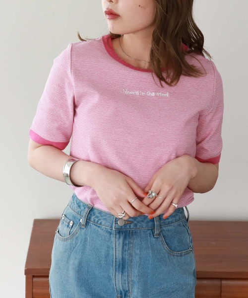 archives（アルシーヴ）の「刺繍入りリブボーダーリンガーＴ（Tシャツ/カットソー・レディース・ブラック/ピンク/オレンジ/グリーン・MEDIUM）」の3枚目の写真