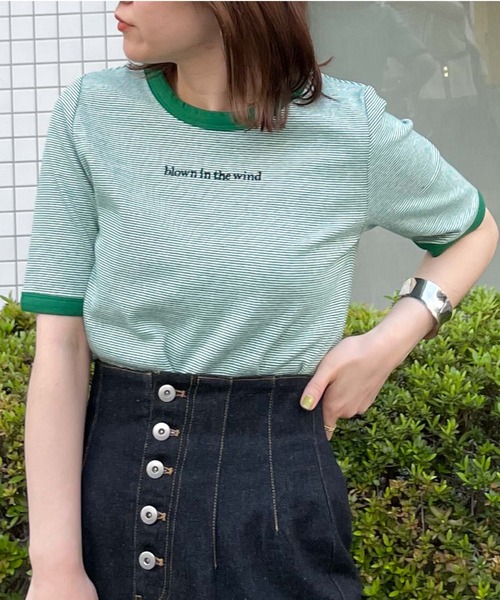 archives（アルシーヴ）の「刺繍入りリブボーダーリンガーＴ（Tシャツ/カットソー・レディース・ブラック/ピンク/オレンジ/グリーン・MEDIUM）」の2枚目の写真