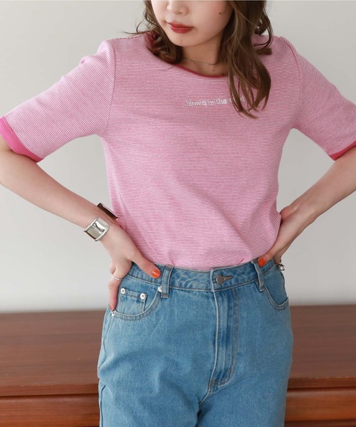 archives（アルシーヴ）の「刺繍入りリブボーダーリンガーＴ（Tシャツ/カットソー・レディース・ブラック/ピンク/オレンジ/グリーン・MEDIUM）」の10枚目の写真