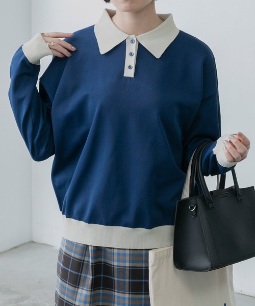 BONLECILL(ボンルシール)の「ニットポロプルオーバー(ニット/セーター・レディース・ブラック/ブルー/ネイビー/レッド/モスグリーン/オレンジ/アイボリー/ホワイト×ブラック・FREE)」の11枚目の写真