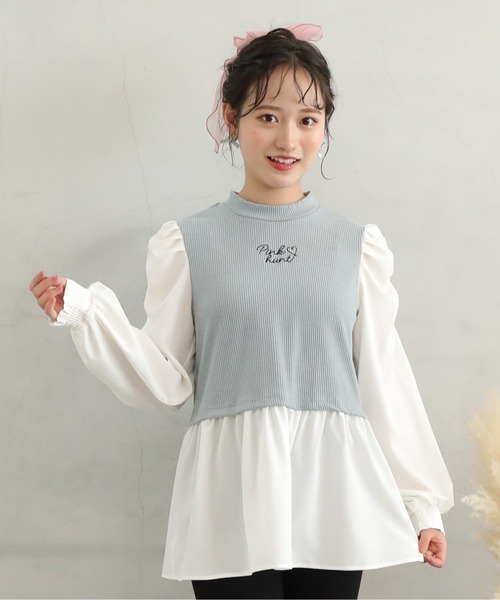 PINKHUNT（ピンクハント）の「PINKHUNT パフ袖レイヤード風チュニックシャツ 7397K（シャツ/ブラウス・キッズ・スカイブルー系1/ブラック・140cm/150cm/130cm/160cm/120cm）」の2枚目の写真