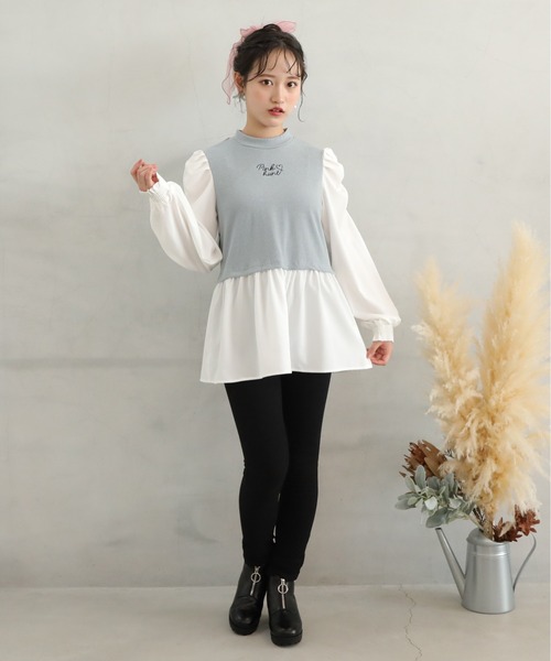 PINKHUNT（ピンクハント）の「PINKHUNT パフ袖レイヤード風チュニックシャツ 7397K（シャツ/ブラウス・キッズ・スカイブルー系1/ブラック・140cm/150cm/130cm/160cm/120cm）」の16枚目の写真