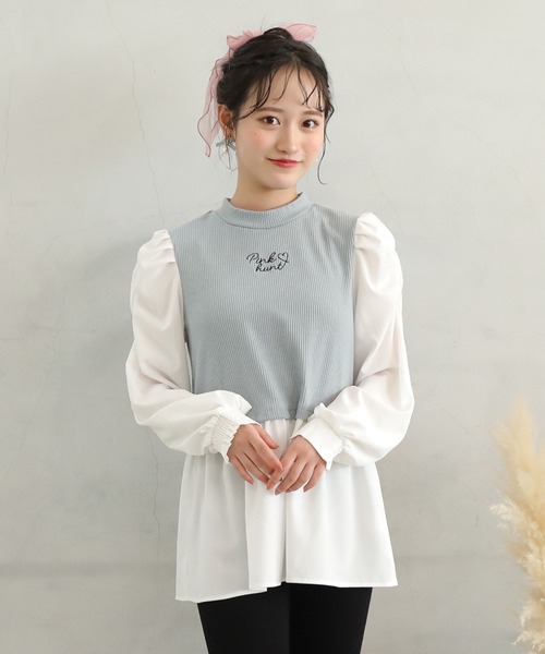 PINKHUNT（ピンクハント）の「PINKHUNT パフ袖レイヤード風チュニックシャツ 7397K（シャツ/ブラウス・キッズ・スカイブルー系1/ブラック・140cm/150cm/130cm/160cm/120cm）」の12枚目の写真