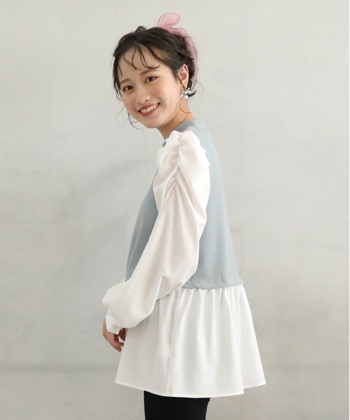 PINKHUNT（ピンクハント）の「PINKHUNT パフ袖レイヤード風チュニックシャツ 7397K（シャツ/ブラウス・キッズ・スカイブルー系1/ブラック・140cm/150cm/130cm/160cm/120cm）」の14枚目の写真