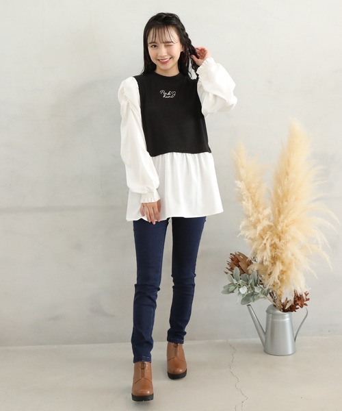 PINKHUNT（ピンクハント）の「PINKHUNT パフ袖レイヤード風チュニックシャツ 7397K（シャツ/ブラウス・キッズ・スカイブルー系1/ブラック・140cm/150cm/130cm/160cm/120cm）」の4枚目の写真