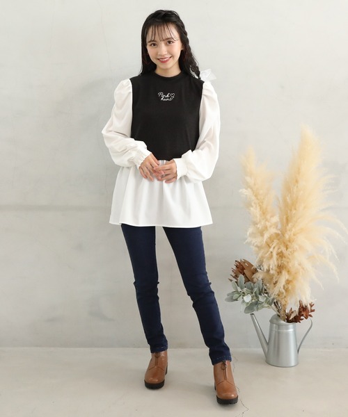 PINKHUNT（ピンクハント）の「PINKHUNT パフ袖レイヤード風チュニックシャツ 7397K（シャツ/ブラウス・キッズ・スカイブルー系1/ブラック・140cm/150cm/130cm/160cm/120cm）」の5枚目の写真