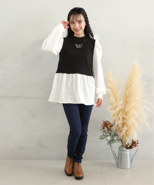 PINKHUNT（ピンクハント）の「PINKHUNT パフ袖レイヤード風チュニックシャツ 7397K（シャツ/ブラウス・キッズ・スカイブルー系1/ブラック・140cm/150cm/130cm/160cm/120cm）」の6枚目の写真
