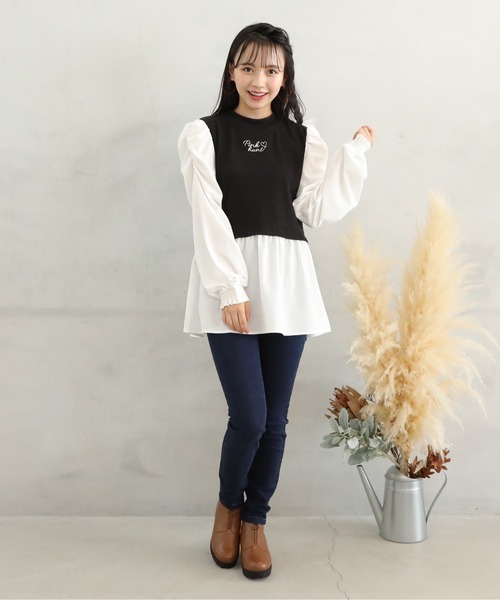 PINKHUNT（ピンクハント）の「PINKHUNT パフ袖レイヤード風チュニックシャツ 7397K（シャツ/ブラウス・キッズ・スカイブルー系1/ブラック・140cm/150cm/130cm/160cm/120cm）」の7枚目の写真