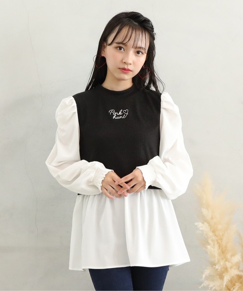 PINKHUNT（ピンクハント）の「PINKHUNT パフ袖レイヤード風チュニックシャツ 7397K（シャツ/ブラウス・キッズ・スカイブルー系1/ブラック・140cm/150cm/130cm/160cm/120cm）」の21枚目の写真