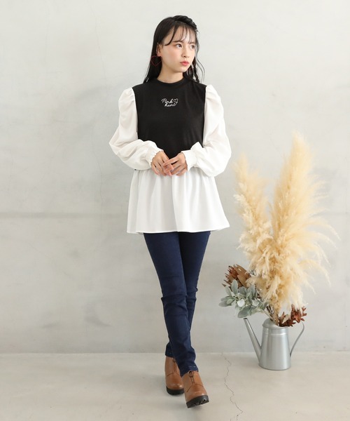 PINKHUNT（ピンクハント）の「PINKHUNT パフ袖レイヤード風チュニックシャツ 7397K（シャツ/ブラウス・キッズ・スカイブルー系1/ブラック・140cm/150cm/130cm/160cm/120cm）」の8枚目の写真