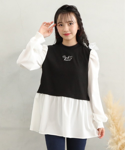 PINKHUNT（ピンクハント）の「PINKHUNT パフ袖レイヤード風チュニックシャツ 7397K（シャツ/ブラウス・キッズ・スカイブルー系1/ブラック・140cm/150cm/130cm/160cm/120cm）」の20枚目の写真