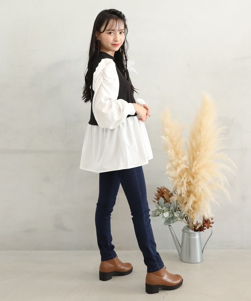 PINKHUNT（ピンクハント）の「PINKHUNT パフ袖レイヤード風チュニックシャツ 7397K（シャツ/ブラウス・キッズ・スカイブルー系1/ブラック・140cm/150cm/130cm/160cm/120cm）」の9枚目の写真