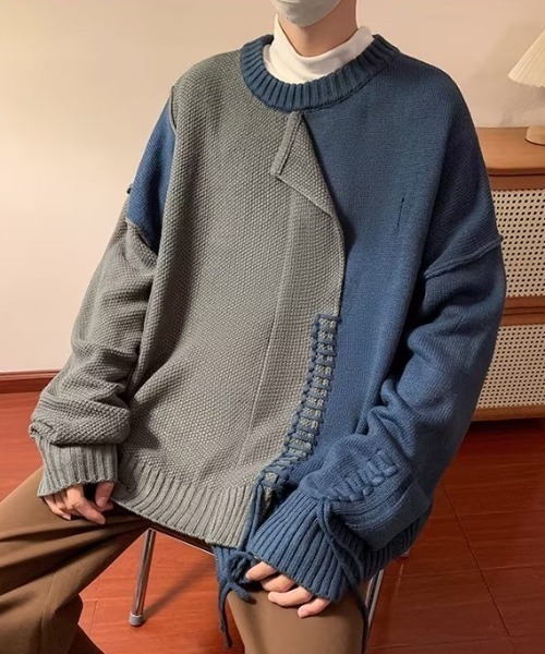 MGV（エムジーヴィー）の「ダメージ加工ビッグシルエットステッチニット（ニット/セーター・メンズ・ブルー/グリーン・MEDIUM/LARGE/X-LARGE）」の3枚目の写真