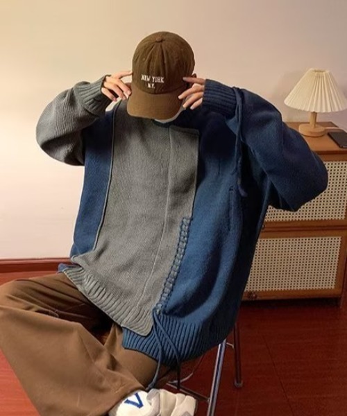 MGV（エムジーヴィー）の「ダメージ加工ビッグシルエットステッチニット（ニット/セーター・メンズ・ブルー/グリーン・MEDIUM/LARGE/X-LARGE）」の6枚目の写真
