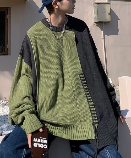MGV（エムジーヴィー）の「ダメージ加工ビッグシルエットステッチニット（ニット/セーター・メンズ・ブルー/グリーン・MEDIUM/LARGE/X-LARGE）」の14枚目の写真