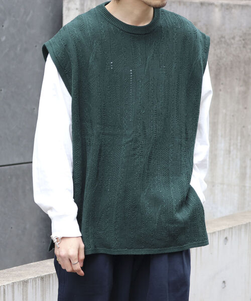 【ニットベスト+カットソーの2点SET】レイヤード クージー柄 ニットベスト サイドベルト レトロ