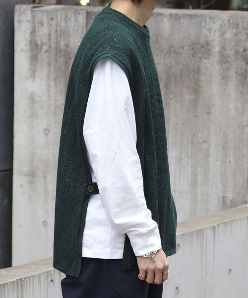 【ニットベスト+カットソーの2点SET】レイヤード クージー柄 ニットベスト サイドベルト レトロ