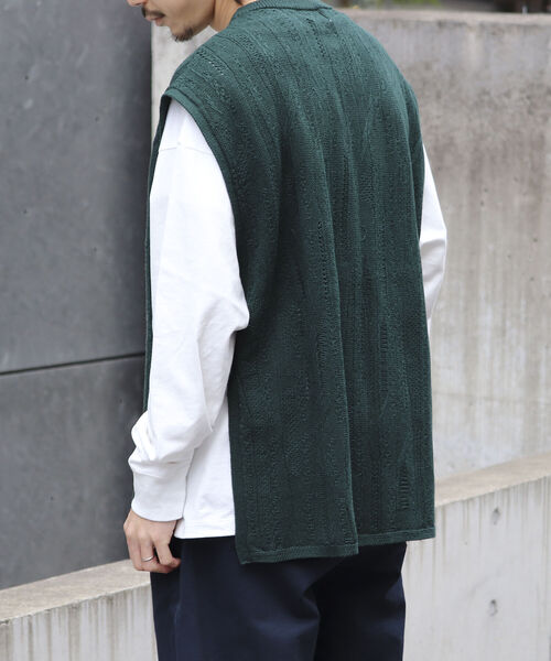 【ニットベスト+カットソーの2点SET】レイヤード クージー柄 ニットベスト サイドベルト レトロ