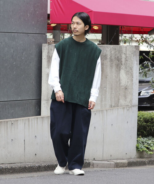 【ニットベスト+カットソーの2点SET】レイヤード クージー柄 ニットベスト サイドベルト レトロ