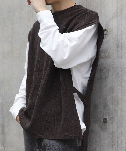 【ニットベスト+カットソーの2点SET】レイヤード クージー柄 ニットベスト サイドベルト レトロ