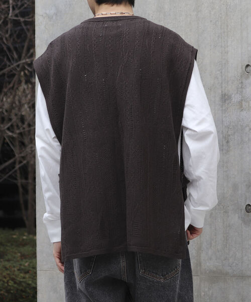 【ニットベスト+カットソーの2点SET】レイヤード クージー柄 ニットベスト サイドベルト レトロ