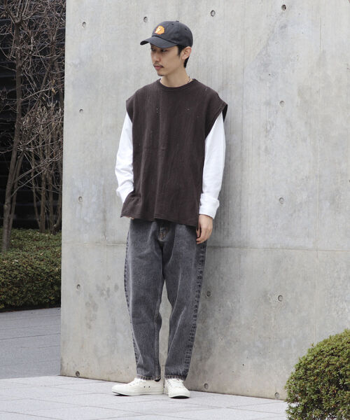 【ニットベスト+カットソーの2点SET】レイヤード クージー柄 ニットベスト サイドベルト レトロ