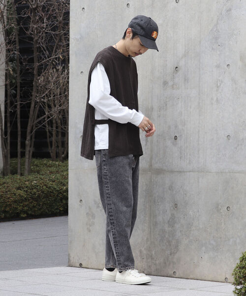 【ニットベスト+カットソーの2点SET】レイヤード クージー柄 ニットベスト サイドベルト レトロ