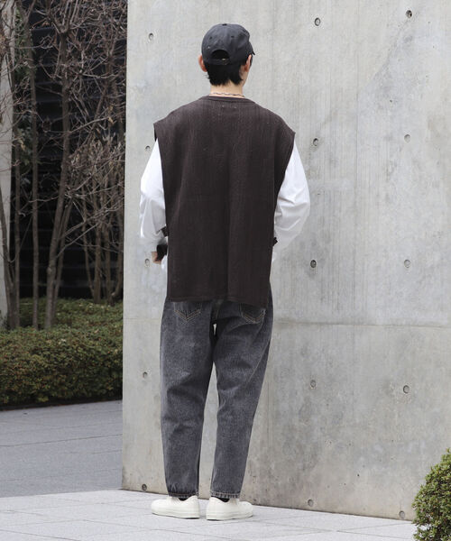 【ニットベスト+カットソーの2点SET】レイヤード クージー柄 ニットベスト サイドベルト レトロ