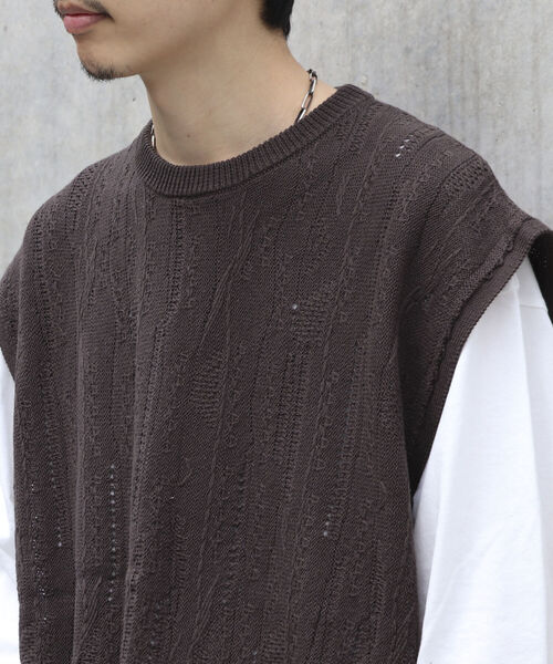 【ニットベスト+カットソーの2点SET】レイヤード クージー柄 ニットベスト サイドベルト レトロ