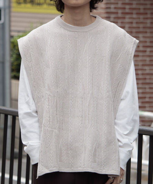 【ニットベスト+カットソーの2点SET】レイヤード クージー柄 ニットベスト サイドベルト レトロ