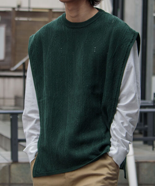 【ニットベスト+カットソーの2点SET】レイヤード クージー柄 ニットベスト サイドベルト レトロ