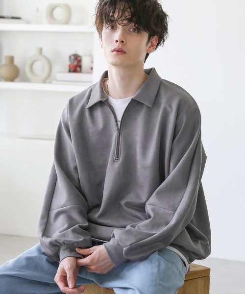 ASTRONOMY（アストロノミー）の「ドルマン襟配色ハーフジップポンチ/フェイクスウェードプルオーバー（スウェット・メンズ・ブラック系/ホワイト系/グレー系/グレー系2/ワイン系/グレー/チャコール/ホワイト/ブラック/ブラウン・L/M/S/XL）」の5枚目の写真