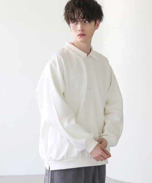 ASTRONOMY（アストロノミー）の「ドルマン襟配色ハーフジップポンチ/フェイクスウェードプルオーバー（スウェット・メンズ・ブラック系/ホワイト系/グレー系/グレー系2/ワイン系/グレー/チャコール/ホワイト/ブラック/ブラウン・L/M/S/XL）」の2枚目の写真