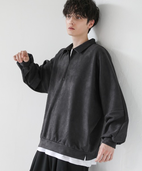 ASTRONOMY（アストロノミー）の「ドルマン襟配色ハーフジップポンチ/フェイクスウェードプルオーバー（スウェット・メンズ・ブラック系/ホワイト系/グレー系/グレー系2/ワイン系/グレー/チャコール/ホワイト/ブラック/ブラウン・L/M/S/XL）」の6枚目の写真