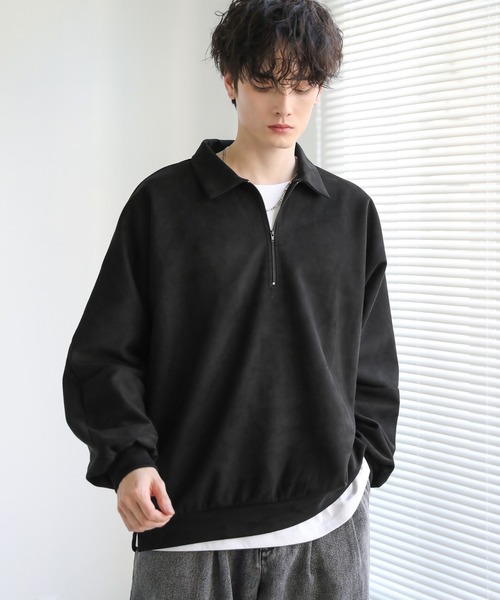 ASTRONOMY（アストロノミー）の「ドルマン襟配色ハーフジップポンチ/フェイクスウェードプルオーバー（スウェット・メンズ・ブラック系/ホワイト系/グレー系/グレー系2/ワイン系/グレー/チャコール/ホワイト/ブラック/ブラウン・L/M/S/XL）」の3枚目の写真