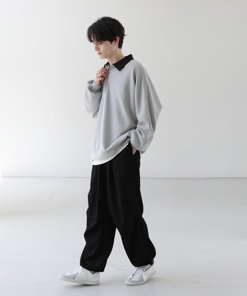 ドルマン襟配色ハーフジップポンチ/フェイクスウェードプルオーバー