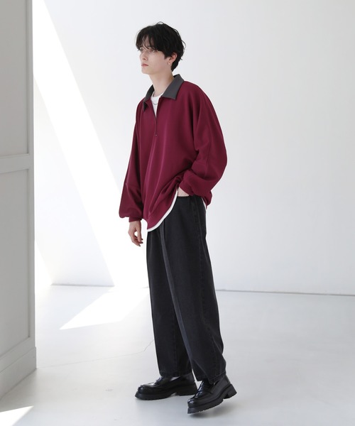 セール】ドルマン襟配色ハーフジップポンチ/フェイクスウェードプル